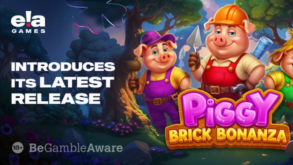 Tampilan visual permainan slot Piggy Brick Bonanza dengan tema pembangunan benteng