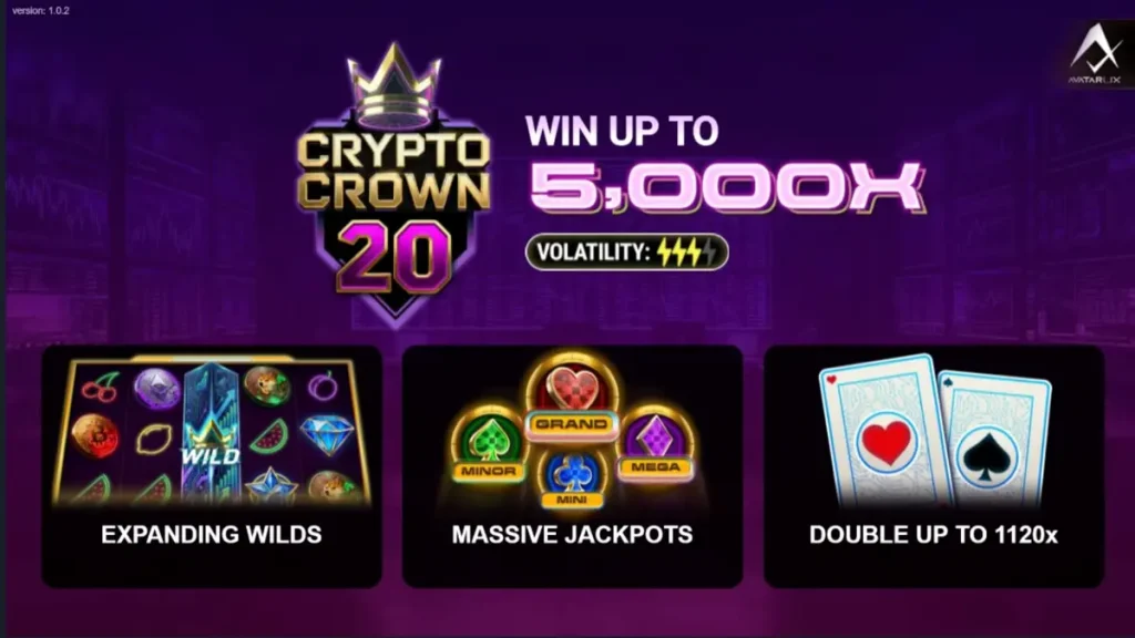 Tampilan visual mesin slot Crypto Crown 20 dengan tema neon futuristik