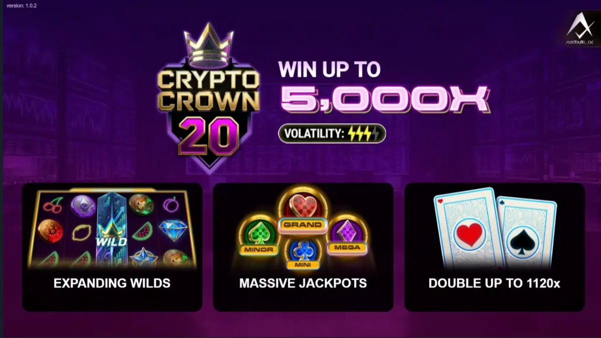 Tampilan visual mesin slot Crypto Crown 20 dengan tema neon futuristik