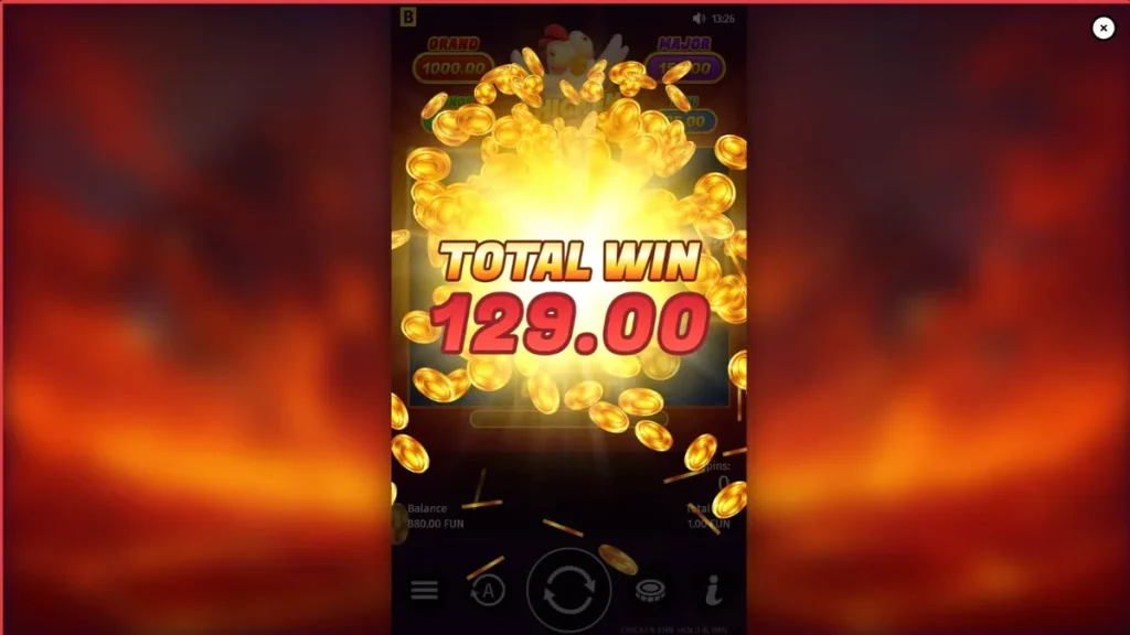 Tampilan layar permainan slot Chicken Fire dengan simbol buah dan karakter ayam