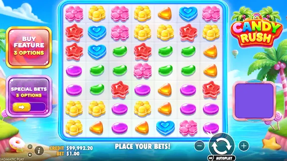 Tampilan visual ceria dan penuh warna dari slot Candy Rush dengan simbol permen di grid 7x7.